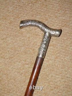 Antique Walking Stick -Silver Plate Repousse Fritz Handle With 1927 Farthing -87cm
