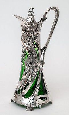 Antique Warszawa WMF Silver Plated Art Nouveau Large Green Glass Claret Jug