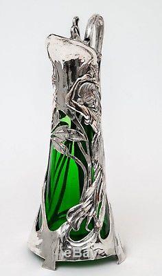 Antique Warszawa WMF Silver Plated Art Nouveau Large Green Glass Claret Jug
