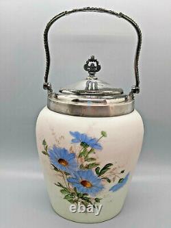 Antique Wavecrest Biscuit Jar Blue Flowers Silverplate Lid Rochester NY