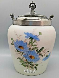 Antique Wavecrest Biscuit Jar Blue Flowers Silverplate Lid Rochester NY