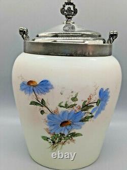 Antique Wavecrest Biscuit Jar Blue Flowers Silverplate Lid Rochester NY