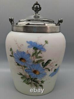Antique Wavecrest Biscuit Jar Blue Flowers Silverplate Lid Rochester NY