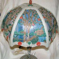 Antique Working 1920s Painted Scenic Slag Glass Table Lamp Blue+lavender Slag