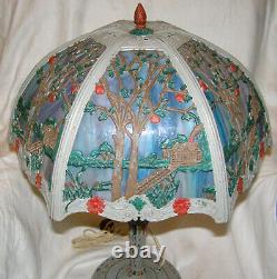 Antique Working 1920s Painted Scenic Slag Glass Table Lamp Blue+lavender Slag