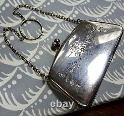 Antique art deco EPNS SILVER plate bag purse ring chain flower turquoise -K157
