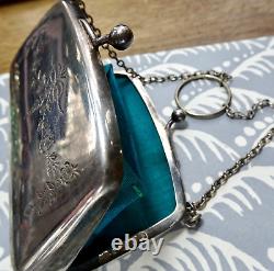 Antique art deco EPNS SILVER plate bag purse ring chain flower turquoise -K157