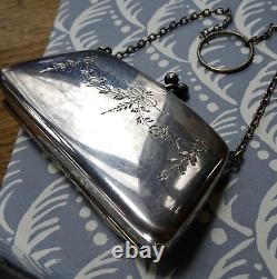 Antique art deco EPNS SILVER plate bag purse ring chain flower turquoise -K157