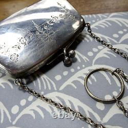 Antique art deco EPNS SILVER plate bag purse ring chain flower turquoise -K157