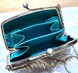 Antique art deco EPNS SILVER plate bag purse ring chain flower turquoise -K157