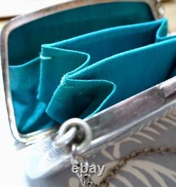 Antique art deco EPNS SILVER plate bag purse ring chain flower turquoise -K157