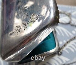 Antique art deco EPNS SILVER plate bag purse ring chain flower turquoise -K157