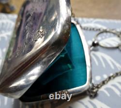 Antique art deco EPNS SILVER plate bag purse ring chain flower turquoise -K157