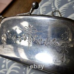 Antique art deco EPNS SILVER plate bag purse ring chain flower turquoise -K157