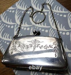 Antique art deco EPNS SILVER plate bag purse ring chain flower turquoise -K157