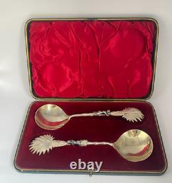 Antique c1907 Pair Ornate Gold Plated Spoons Palm Tops with Dark Metal Climber