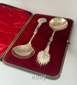 Antique c1907 Pair Ornate Gold Plated Spoons Palm Tops with Dark Metal Climber