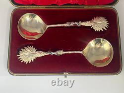 Antique c1907 Pair Ornate Gold Plated Spoons Palm Tops with Dark Metal Climber