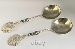 Antique c1907 Pair Ornate Gold Plated Spoons Palm Tops with Dark Metal Climber