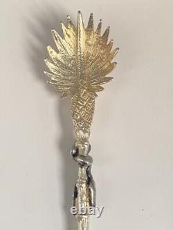 Antique c1907 Pair Ornate Gold Plated Spoons Palm Tops with Dark Metal Climber