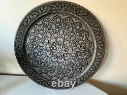 Antique engraved silver on copper wall hanging / tray 19 diameter