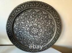 Antique engraved silver on copper wall hanging / tray 19 diameter