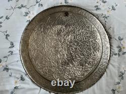 Antique engraved silver on copper wall hanging / tray 19 diameter