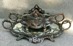Antique french Art Nouveau planter 19th century silver plated metal angel flower