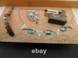 Antique jewelry lot sterling silver, 800 silver pearls garnets bracelet Art Deco