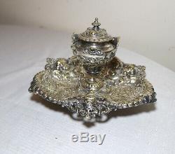 Antique ornate 1800's Victorian silver-plated brass figural desk inkwell stand