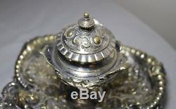 Antique ornate 1800's Victorian silver-plated brass figural desk inkwell stand