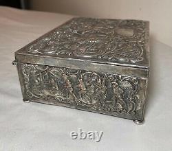 Antique ornate silver plated bronze figural relief dresser jewelry vanity box