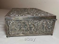Antique ornate silver plated bronze figural relief dresser jewelry vanity box