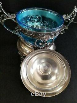 Antique silver plate sugar spooners figural feet blue glass sugar bowls Rogers S