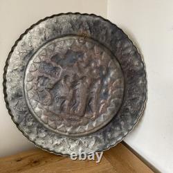 Antique silver plated copper relief hammered 43cm wall Plate Arabic Persian