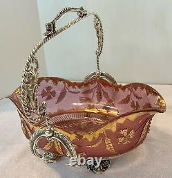 Antq 1899 Victorian Wm A Rogers Bride Basket-eapg Ruby Delaware Rose/gold Bowl