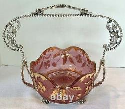 Antq 1899 Victorian Wm A Rogers Bride Basket-eapg Ruby Delaware Rose/gold Bowl