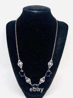 Art Deco Czech Blue Glass & Enamel Rhodium Plated Necklace Vintage Jewelry