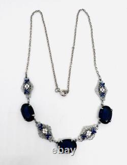 Art Deco Czech Blue Glass & Enamel Rhodium Plated Necklace Vintage Jewelry