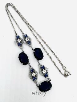 Art Deco Czech Blue Glass & Enamel Rhodium Plated Necklace Vintage Jewelry