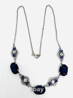 Art Deco Czech Blue Glass & Enamel Rhodium Plated Necklace Vintage Jewelry