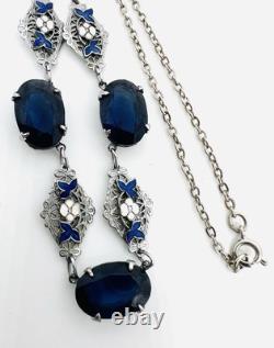 Art Deco Czech Blue Glass & Enamel Rhodium Plated Necklace Vintage Jewelry