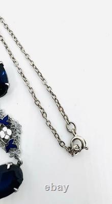 Art Deco Czech Blue Glass & Enamel Rhodium Plated Necklace Vintage Jewelry