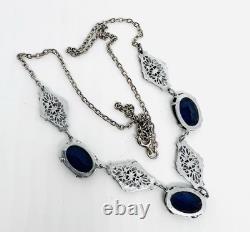 Art Deco Czech Blue Glass & Enamel Rhodium Plated Necklace Vintage Jewelry