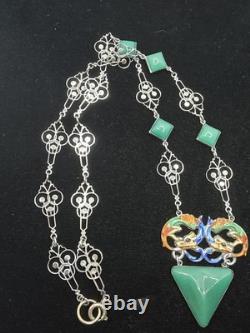 Art Deco Dragon Necklace Enamel Peking Glass Rhodium Plate 1930s 18 In