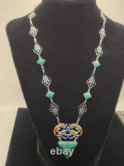 Art Deco Dragon Necklace Enamel Peking Glass Rhodium Plate 1930s 18 In