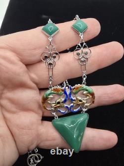 Art Deco Dragon Necklace Enamel Peking Glass Rhodium Plate 1930s 18 In