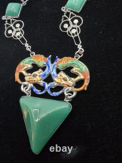 Art Deco Dragon Necklace Enamel Peking Glass Rhodium Plate 1930s 18 In