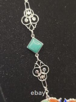 Art Deco Dragon Necklace Enamel Peking Glass Rhodium Plate 1930s 18 In