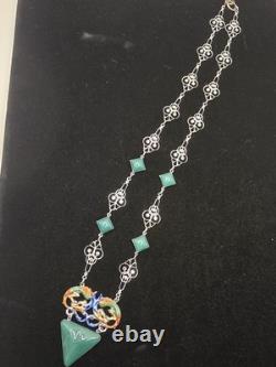 Art Deco Dragon Necklace Enamel Peking Glass Rhodium Plate 1930s 18 In